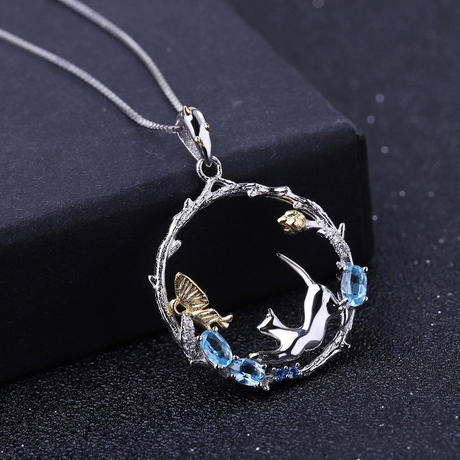 Cat under the Butterfly S925 Sterling Silver natural topaz necklace