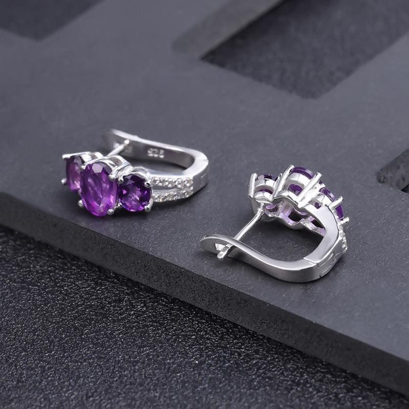 Classic Series Triple Gemstone S925 Silver Inlaid Natural Amethyst Earrings