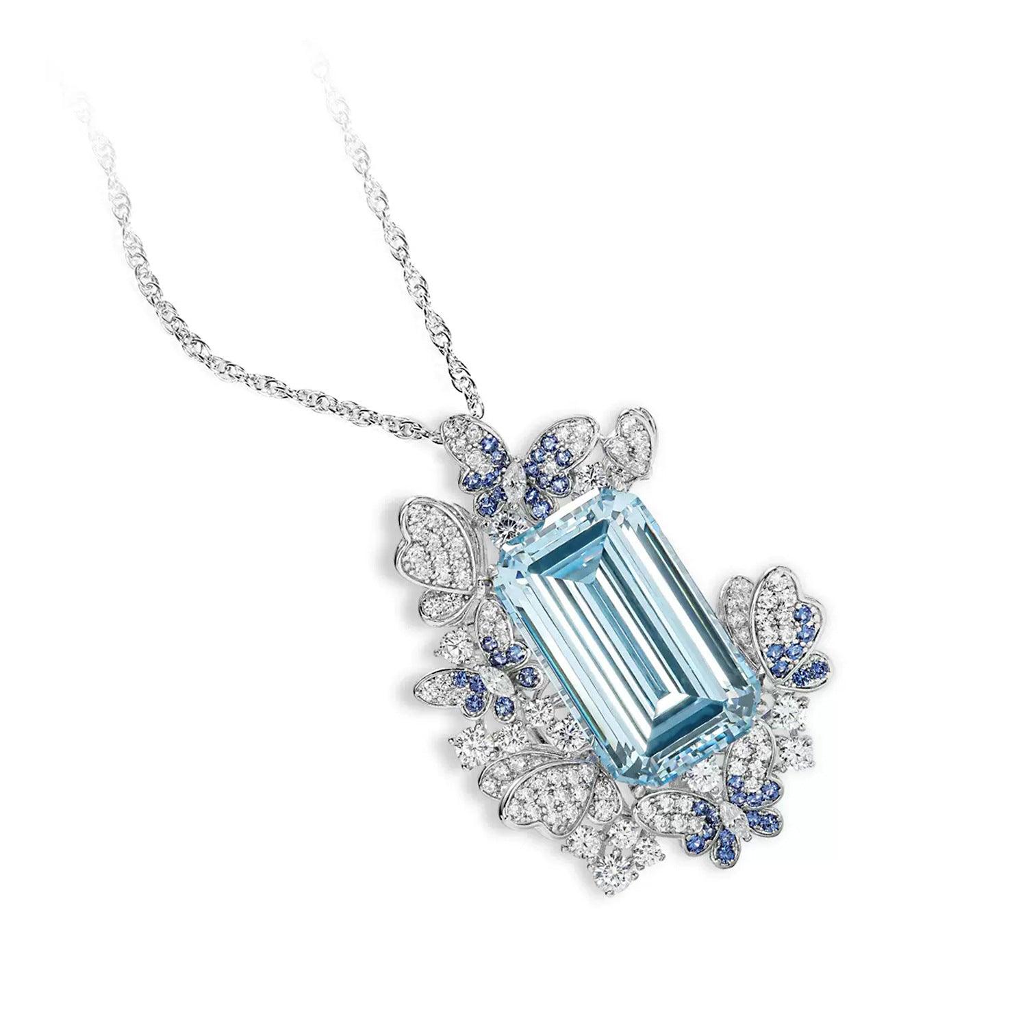 High Carbon Simulation Aquamarine S925 Silver Dual-purpose Necklace Brooch