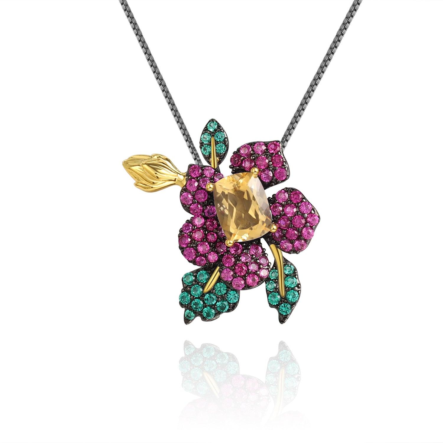 Natural gemstone and natural flower design S925 sterling silver brooch pendant with two wearing styles-BlingRunway