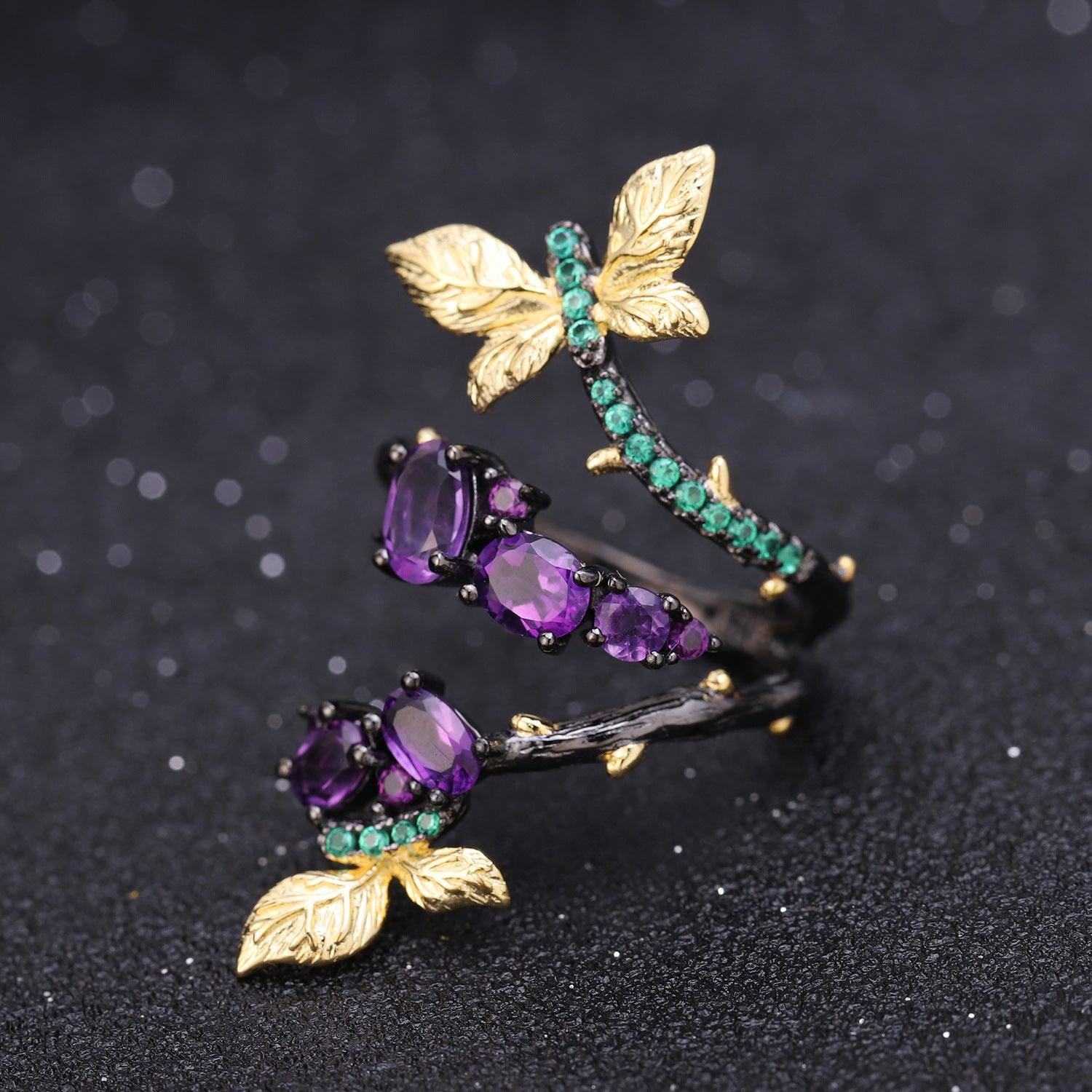 Secret Garden Series Wind Butterfly S925 Sterling Silver Natural Amethyst Ring-BlingRunway