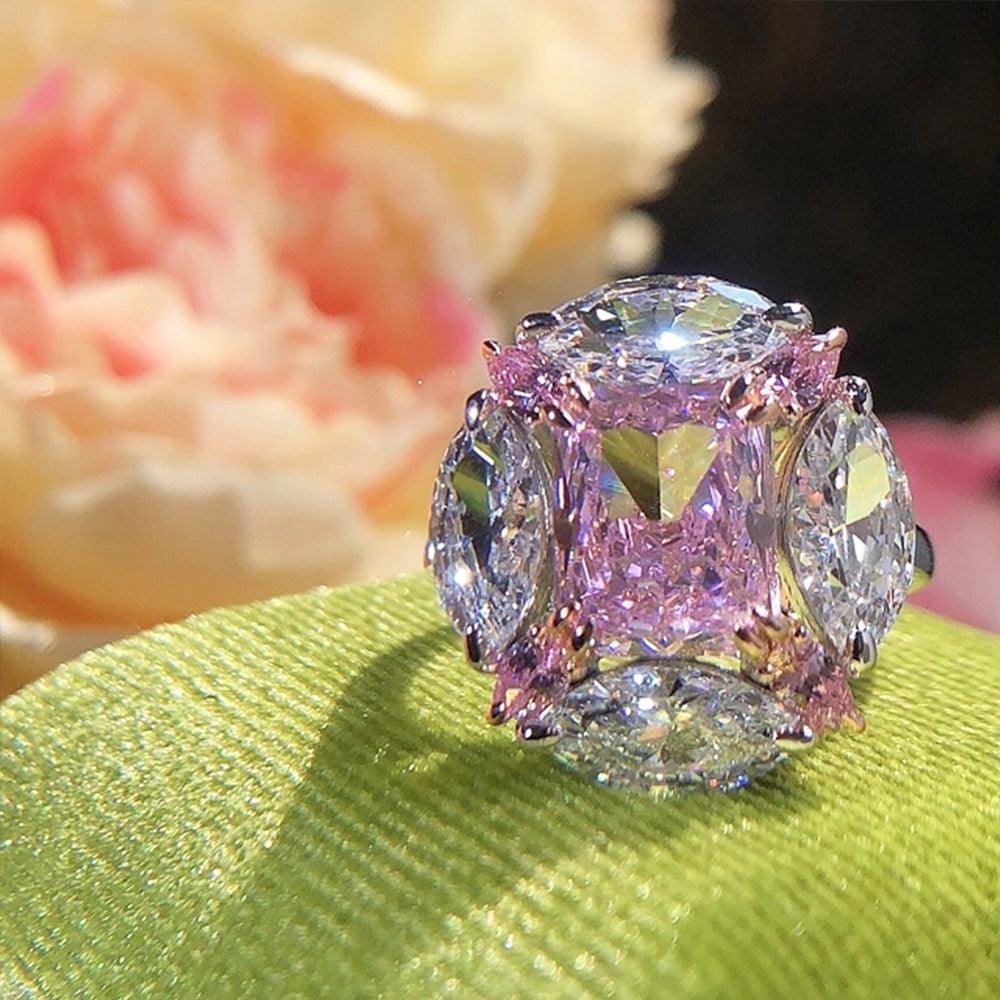 Bubble Gum Shaped S925 Silver High Carbon Simulated Pink Diamond Radiant Ring-BlingRunway