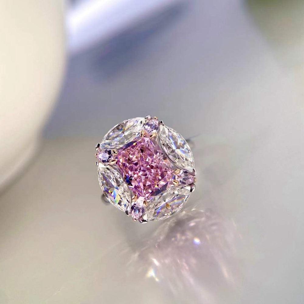 Bubble Gum Shaped S925 Silver High Carbon Simulated Pink Diamond Radiant Ring