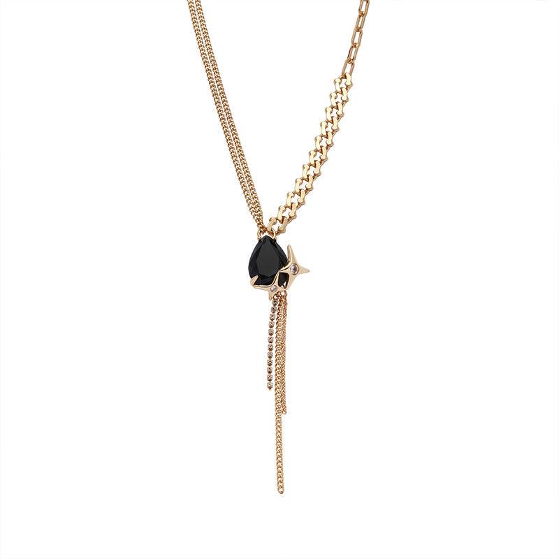 Four-pointed star black crystal metal tassel necklace-BlingRunway