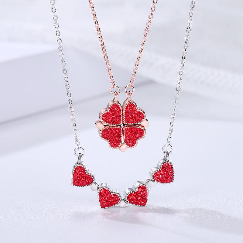 S925 Sterling Silver Silver Purple Red Clover Necklace