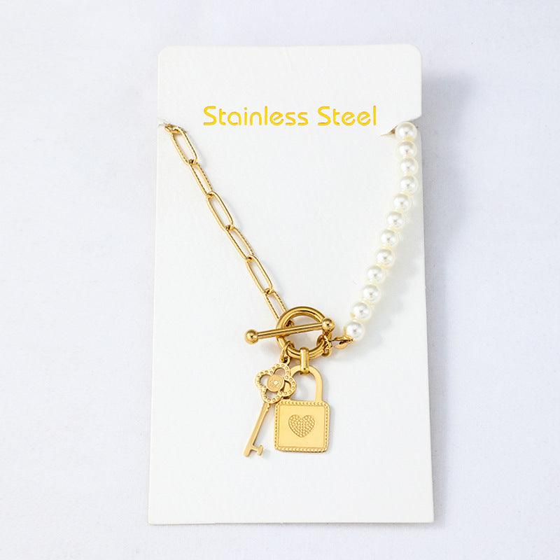 Classic Love Lock Half Pearl Half Chain Necklace