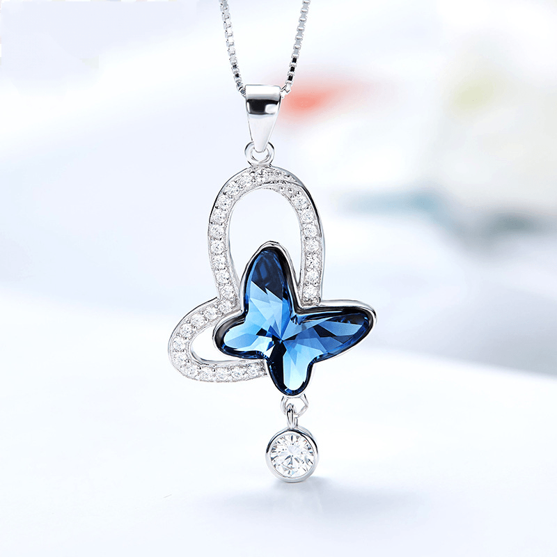 S925 Sterling Silver Austrian Crystal Element Blue Butterfly Necklace