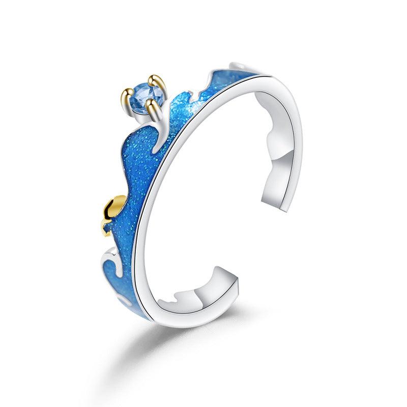 Enamel process inlaid natural pato stone 925 silver couple ring wave elements-BlingRunway