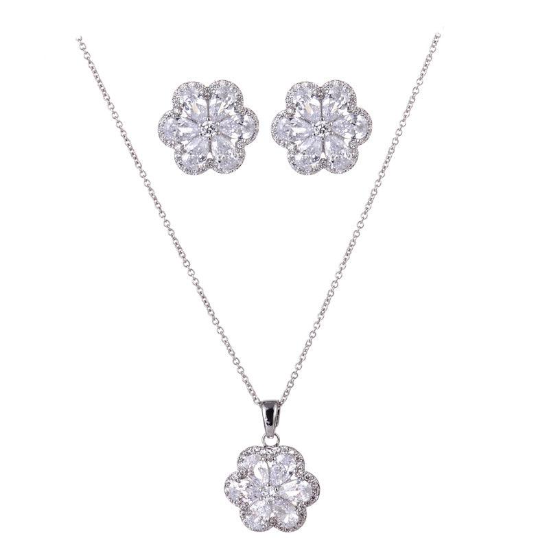 Bling Runway Emerald Zircon Flower Pendant Necklace Earrings Jewelry Set-BlingRunway