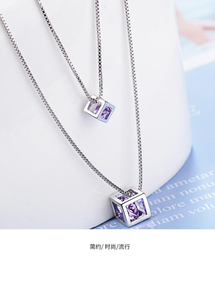 Bling Runway Love Cube Zircon Pendant Necklace Double Necklace Trend Necklace