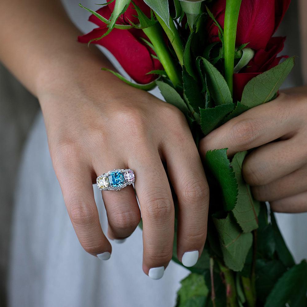 Yellow Blue Pink Contrast Color Handmade Silver Ring-BlingRunway