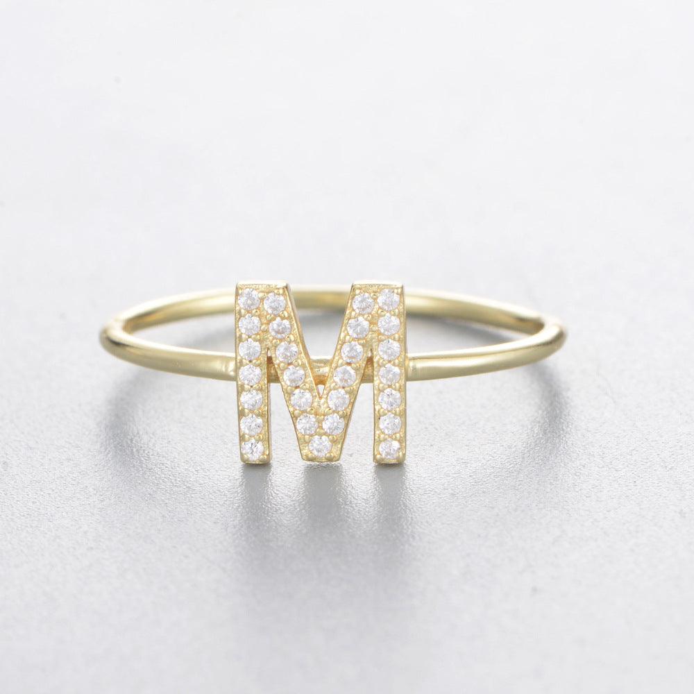 Simple 26 English Alphabet Zircon Sterling Silver Ring-BlingRunway