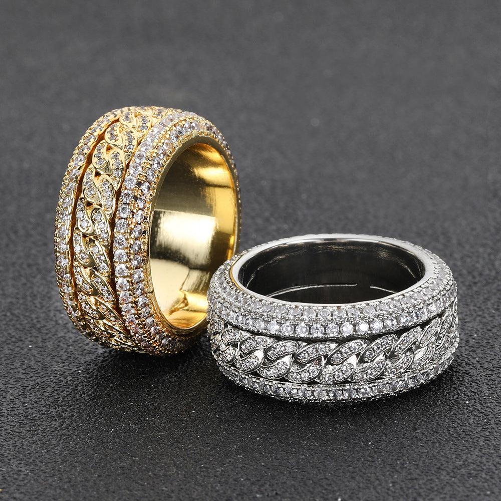 Hip Hop Style Copper Set Zircon Rotatable Cuban Ring-BlingRunway