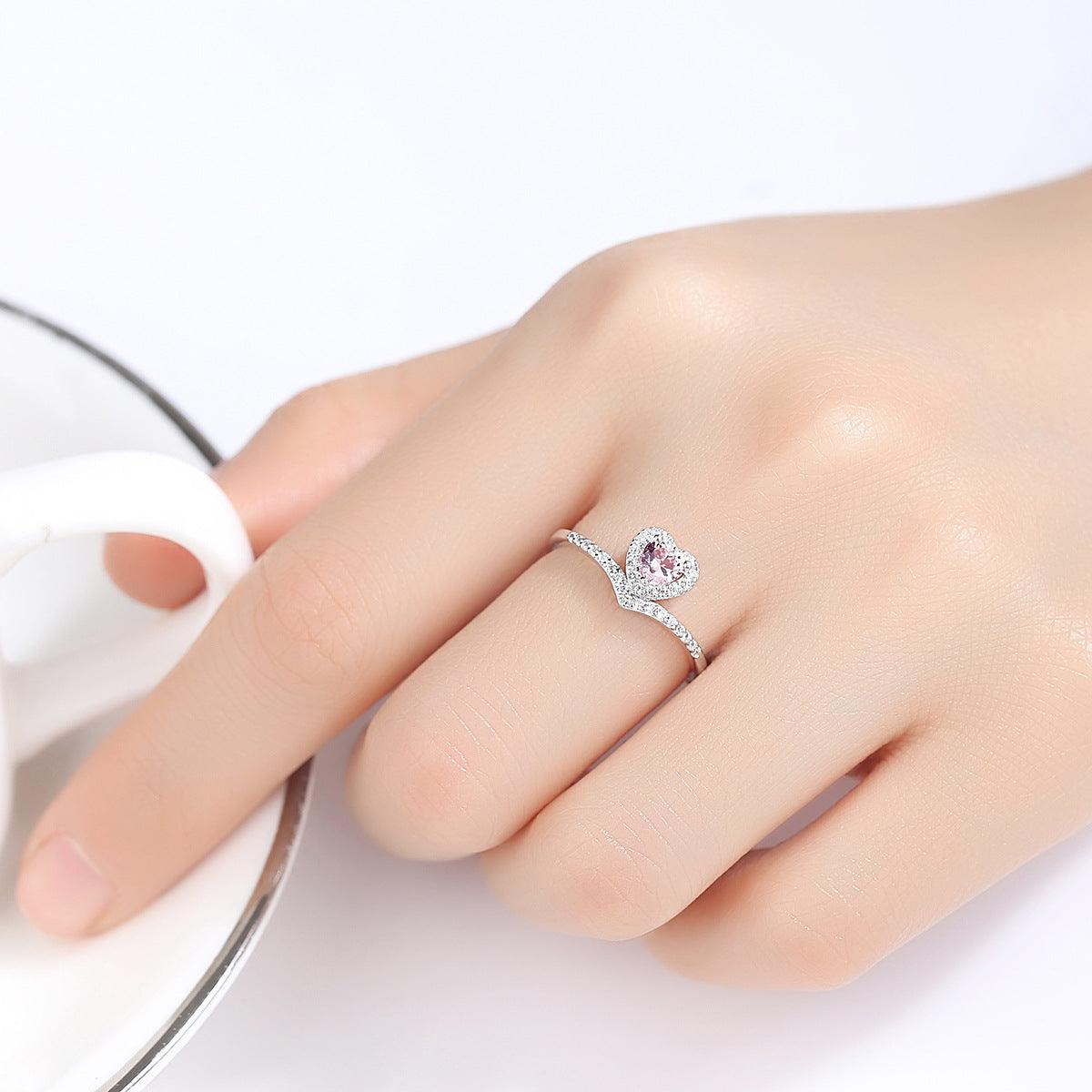 Heart Pink Zircon Crown Handmade S925 Sterling Silver Ring-BlingRunway