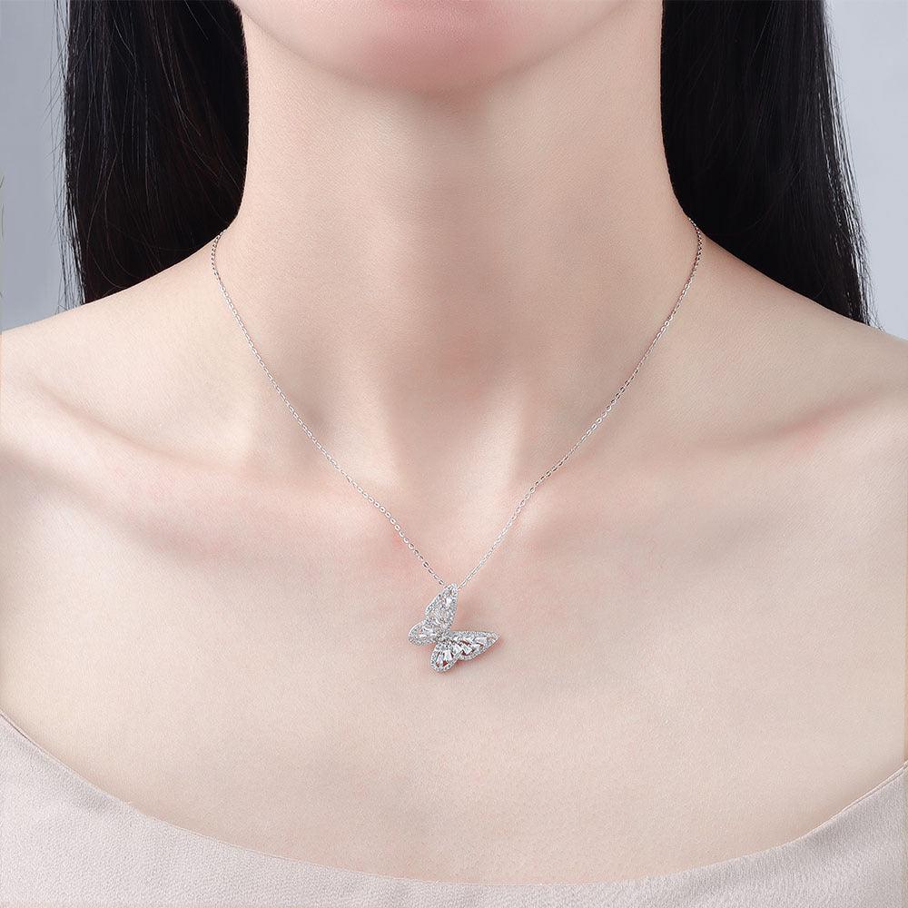 Classic S925 Sterling Silver Butterfly Necklace with Diamonds