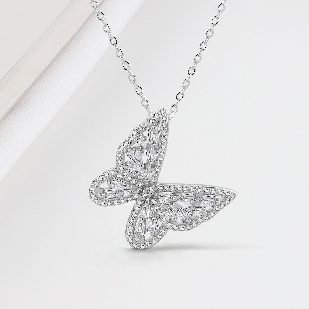 Classic S925 Sterling Silver Butterfly Necklace with Diamonds