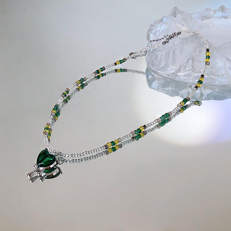 Colorblock Beaded Green Glass Melted Heart Pendant Necklace