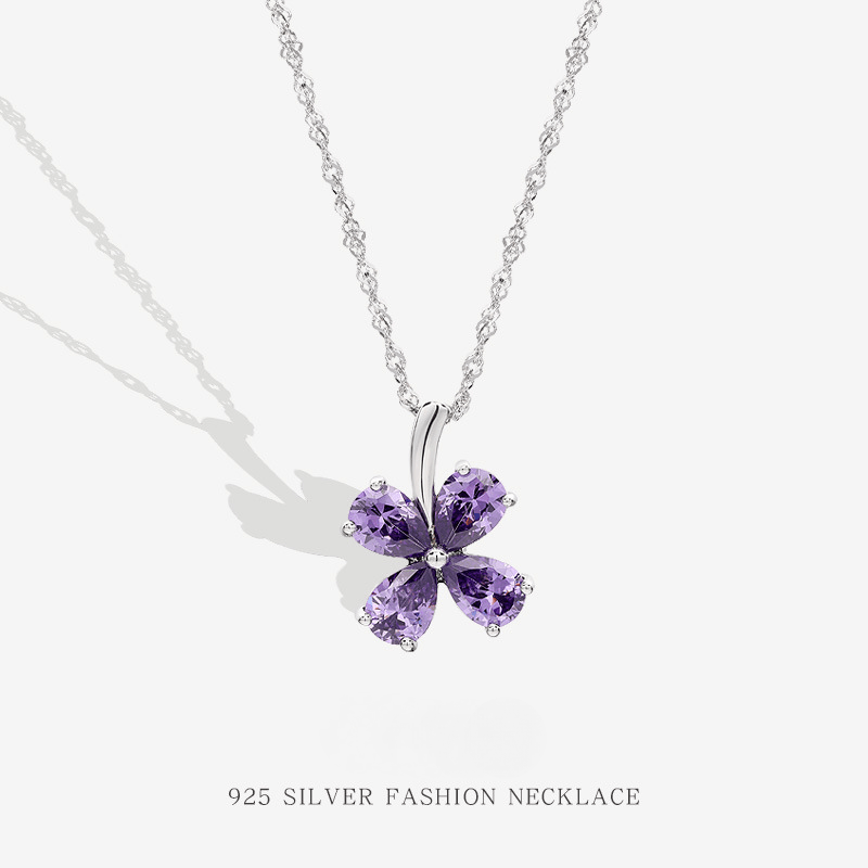 Purple Clover Pendant S925 Sterling Silver Necklace-BlingRunway