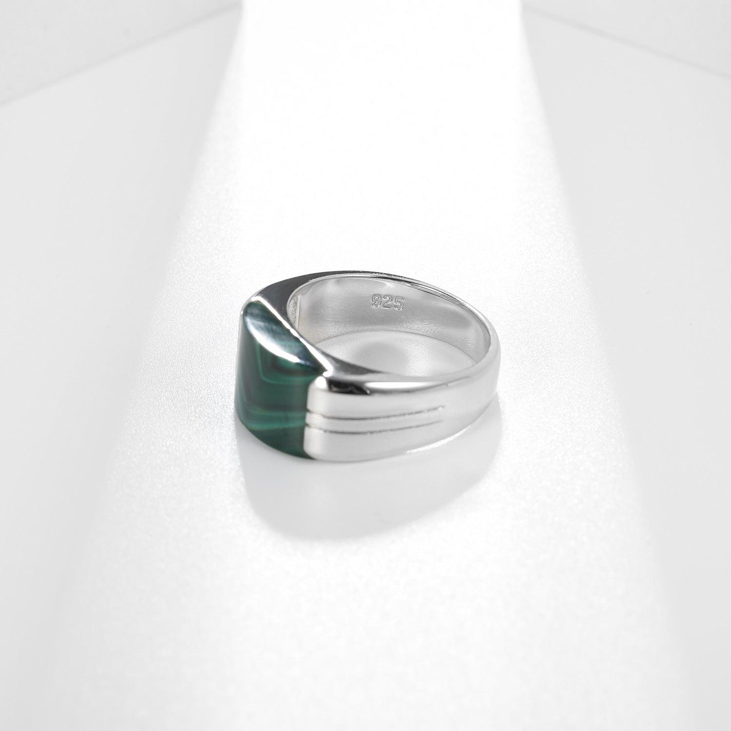 Designer Style Natural Black Onyx/Malachite Men's S925 Sterling Silver Ring-BlingRunway