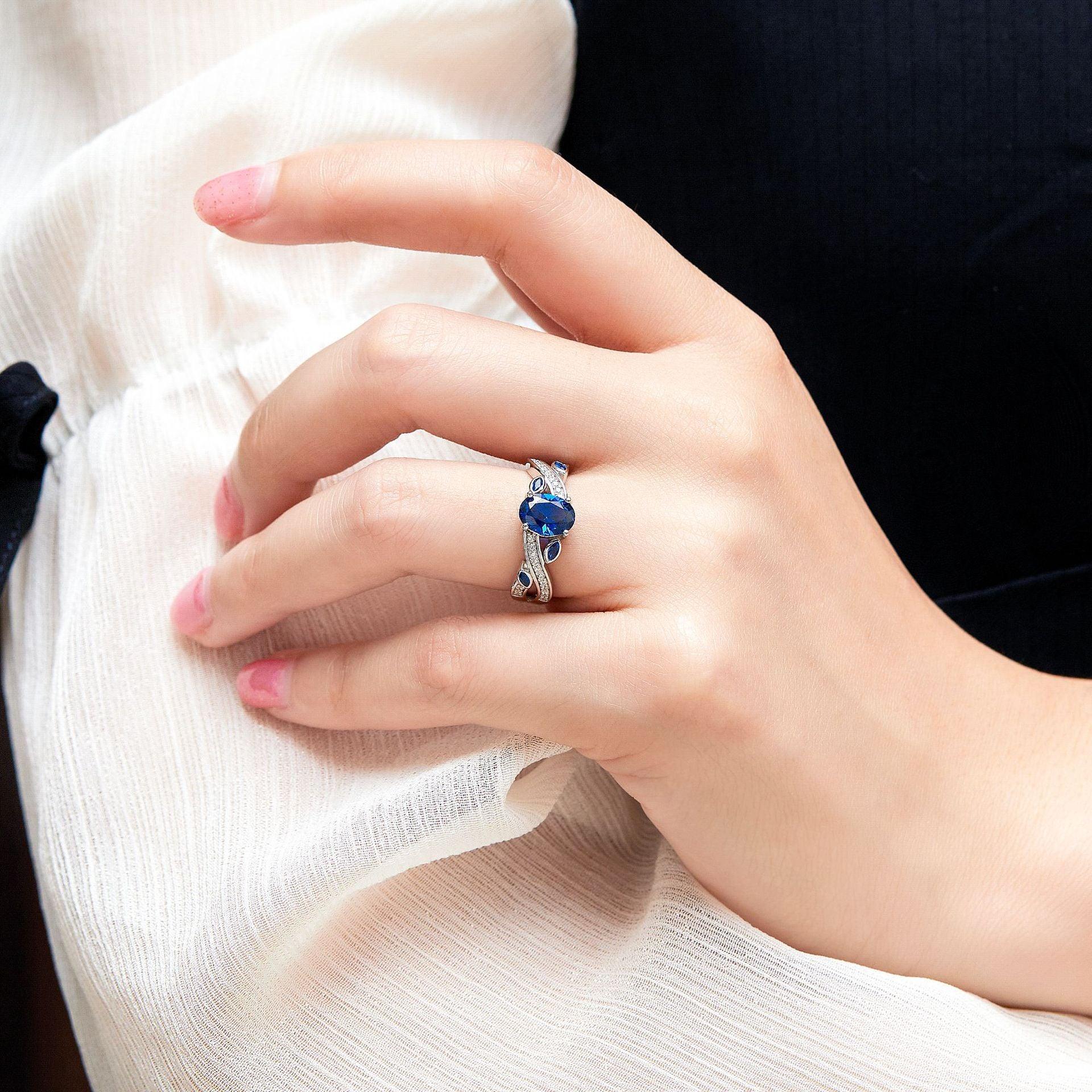 Bling Runway Fashion blue water drop zircon simulation Zircon handmade silver ring-BlingRunway