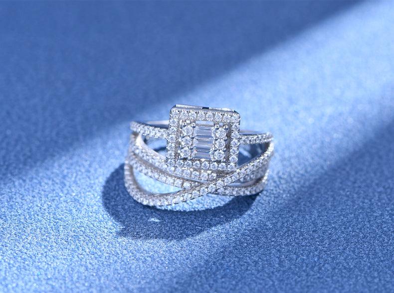 Square line handmade series micro-set zircon S925 sterling silver ring