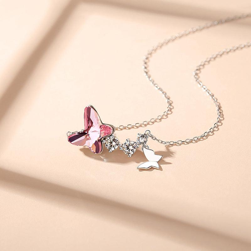 Light Luxury Sterling Silver Pink/Blue Butterfly Pendant Necklace