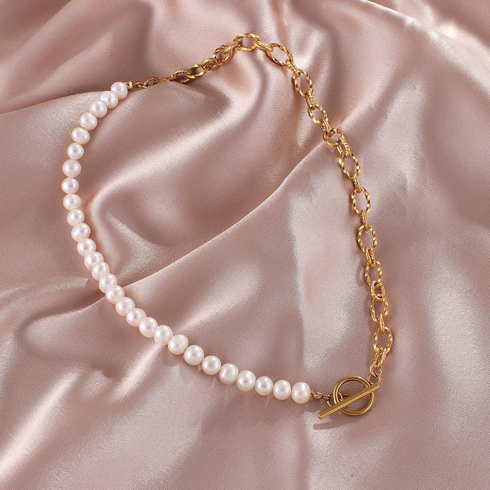 Classic Freshwater Pearl OT Buckle Half Pearl Half Chain Necklace