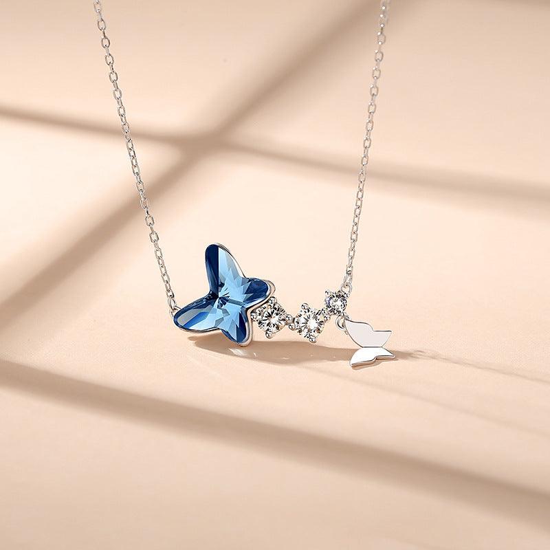 Light Luxury Sterling Silver Pink/Blue Butterfly Pendant Necklace-BlingRunway