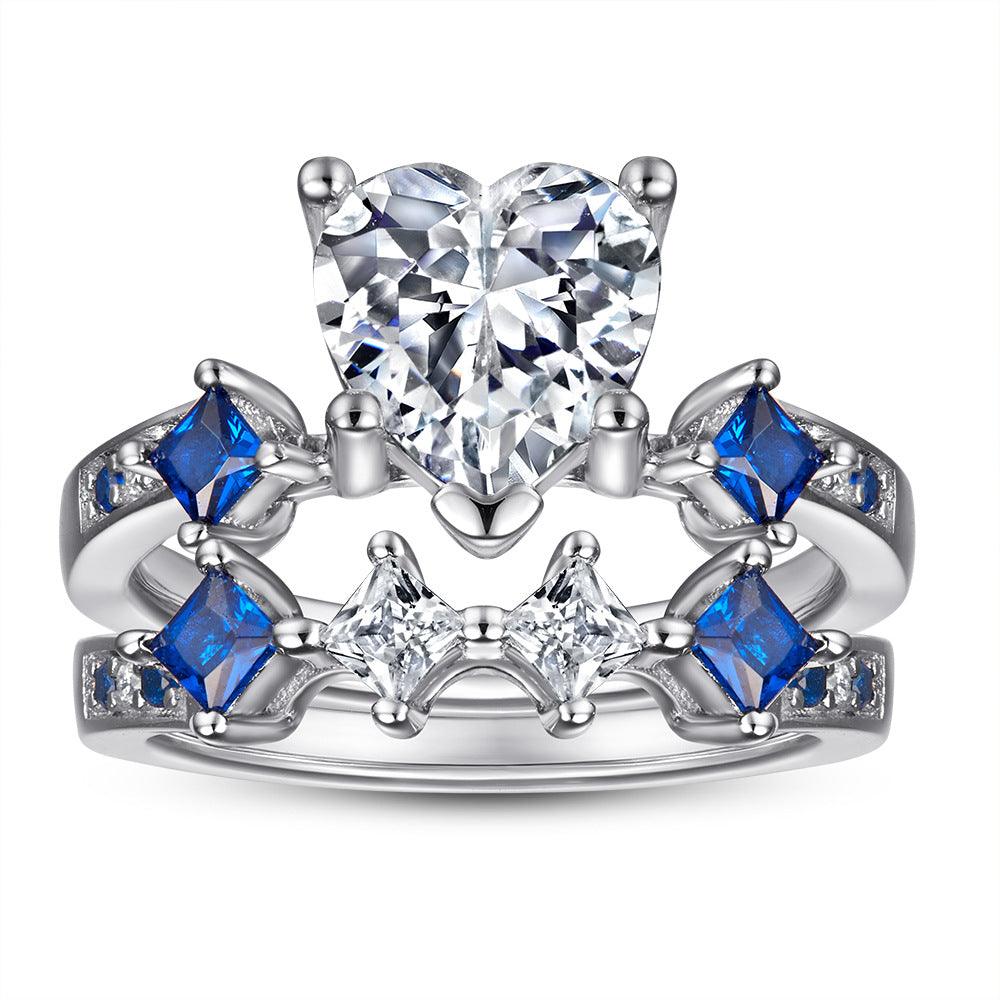 Bling Runway Trendy heart zircon with sapphire handmade silver combination ring-BlingRunway