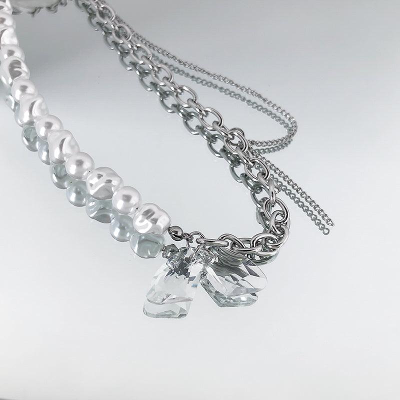 Fishtail Crystal Pendant Half Pearl Half Chain Necklace