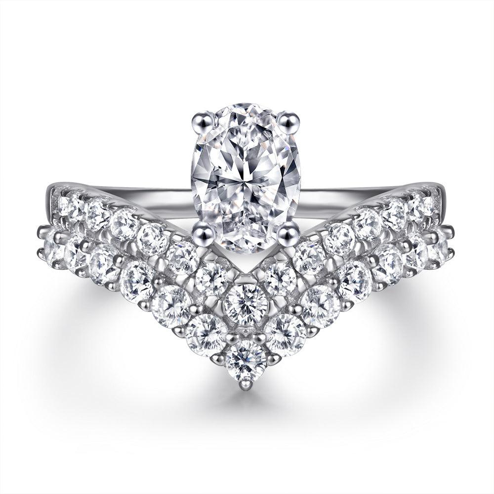 Bling Runway V-shaped double row crown drop zircon handmade  silver ring-BlingRunway