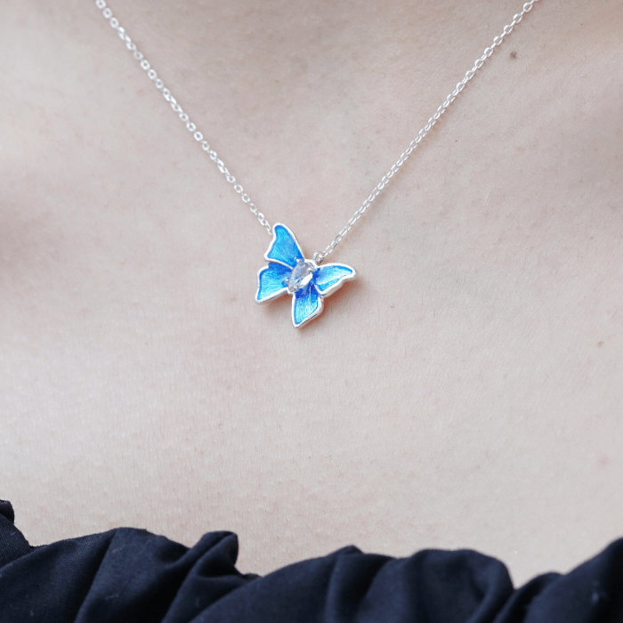 Fantasy Butterfly Moonstone Blue Enamel S999 Sterling Silver Necklace