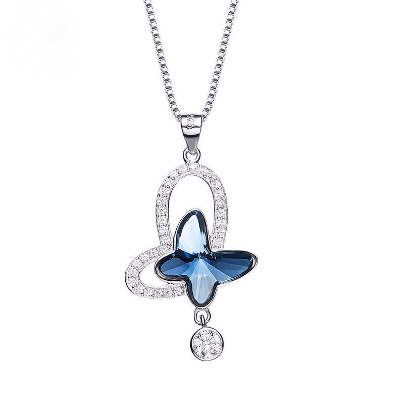 S925 Sterling Silver Austrian Crystal Element Blue Butterfly Necklace