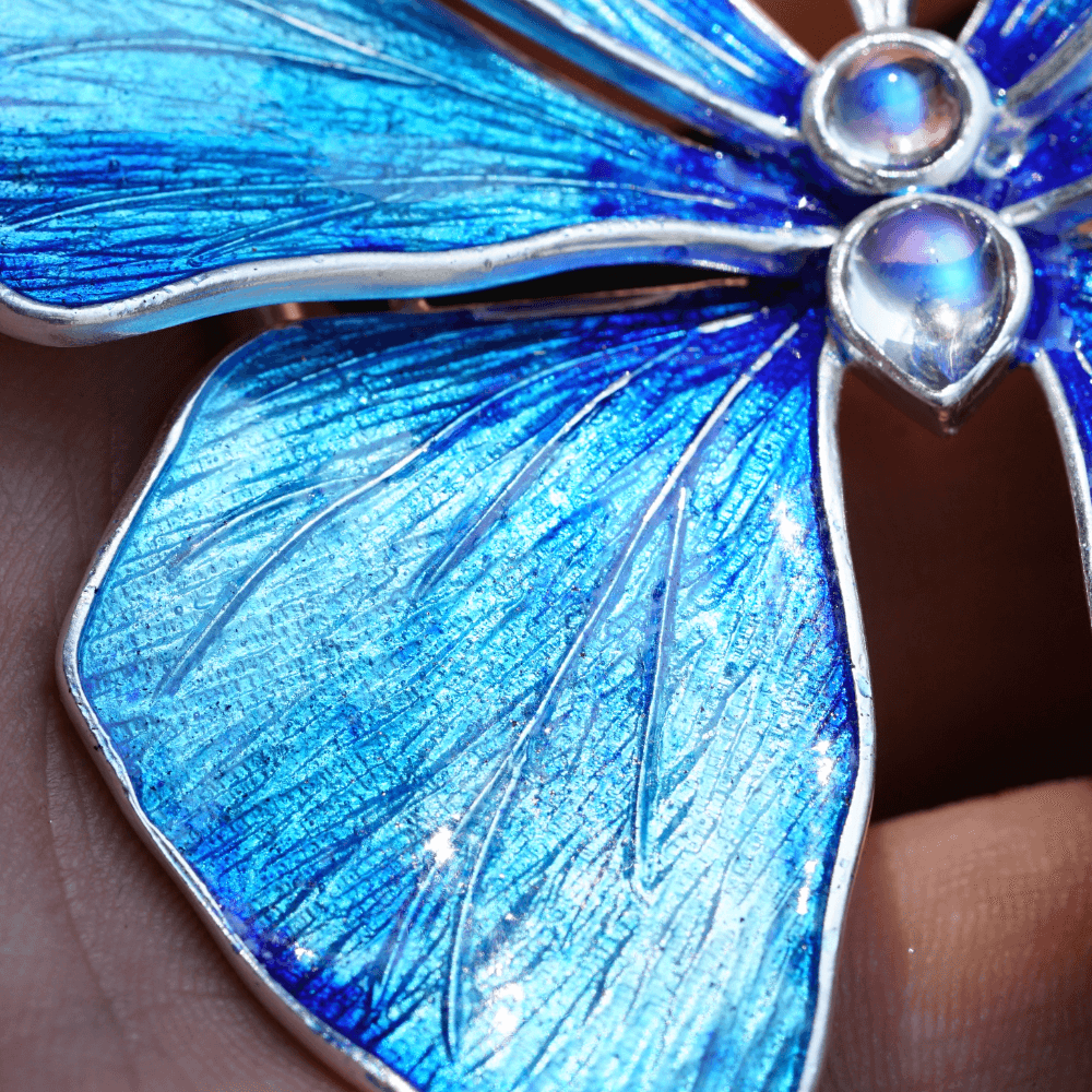 Fantasy Butterfly Moonstone Blue Enamel S999 Sterling Silver Necklace